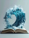 A giant, realistic ocean wave bursting from the pages of an open book, water droplets suspended in air Generated image Royalty Free Stock Photo