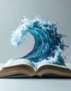 A giant, realistic ocean wave bursting from the pages of an open book, water droplets suspended in air Generated image Royalty Free Stock Photo