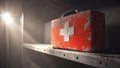 Old Red Metal First Aid Box With White Cross Symbol Covered With Dust Standing On Industrial Shelf Under Spotlight Royalty Free Stock Photo