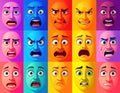 grid of cartoonish faces depicting various emotions such as anger, fear, sadness, and surprise, each with distinct colors Royalty Free Stock Photo
