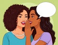 Two women are engaged in a private conversation, sharing secrets or gossip, with one whispering to the other in a vibrant Royalty Free Stock Photo