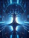 A futuristic tree with circuit-like branches stands in a high-tech environment, reflecting light and nature and technology. Royalty Free Stock Photo