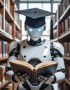 A futuristic robot in a graduation cap reads a book in a library filled with shelves of books Royalty Free Stock Photo