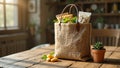 Eco Jute Grocery Tote with Snacks and Succulent, Cozy Kitchen Royalty Free Stock Photo