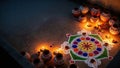 Night Rangoli Surrounded by Earthen Lamps Royalty Free Stock Photo