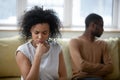 Upset biracial woman think of breakup after fight with husband