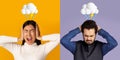 Upset angry excited millennial indian man and asian woman with lightning cloud and rain overhead Royalty Free Stock Photo