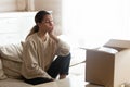 Upset annoyed young woman irritated by bad delivery service Royalty Free Stock Photo