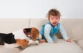 Upset baby boy and his pet Royalty Free Stock Photo