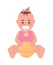 Upset baby girl with ball semi flat color vector character