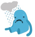 Upset Blue Monster with a Rainy Cloud