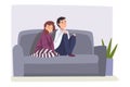 Upset Bored Family Couple Sitting on Couch, Young Man and Woman Spending Time Together at Home Vector Illustration