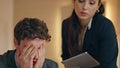 Upset boss reacting fail at computer workplace closeup. Woman feeling worried