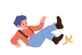 Upset boy child cartoon character falling down while slipping banana peel isolated set on white