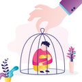 Upset boy locked in cage. Concept of family problems and overcontrol. Total control and overprotective