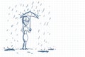 Upset Business Woman Wet Under Rain With Umbrella Doodle Over Squared Paper Background
