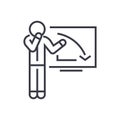 Upset businessman, graph down linear icon, sign, symbol, vector on isolated background