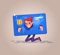 The upset businessman is kneeling and shackled in fetters in the form of a credit card. Vector illustration.