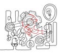 Upset Cartoon Man with big Tangled Machine that does not work