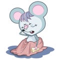 Upset cartoon mouse with a letter in his hand, covered with a plaid