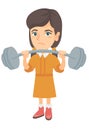 Upset caucasian girl lifting heavy weight barbell