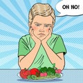 Upset Child with Plate of Fresh Vegetables. Healthy Eating. Pop Art retro illustration Royalty Free Stock Photo