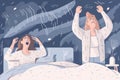 Upset couple in bed disturbed by noise. Vector illustration