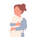 Upset crying girl hugging bear toy