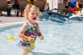 Upset crying little toddler girl in the swimming pool on family vacations in a hotel resort. Sad child playing in water