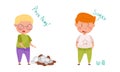 Upset cute little boys saying sorry set. Good manners of kids cartoon vector illustration