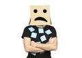 Upset employee with a box on his head, stress and problems in the office