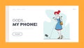 Upset Female Character Drop Smartphone on Ground Landing Page Template. Woman with Broken Gadget. Unlucky Situation