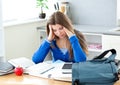 Upset female student studying in the kitchen