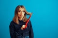 Woman Using Large Scissors Cutting her Split Ends Royalty Free Stock Photo