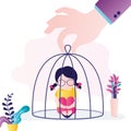 Upset girl locked in cage. Concept of family problems and overcontrol. Total control and overprotective. Parents show excessive