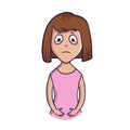 Upset girl presses hands against her stomach as if in pain. Signs of a madical condition. Isolated flat illustration on