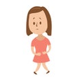 Upset girl presses hands against her stomach as if in pain. Signs of a madical condition. Isolated flat illustration on