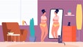 Upset girl. Woman in living room in front of mirror. Sad overweight girl looks at himself, shyness overweight problems