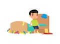 Upset kid in messy bedroom flat vector illustration. Little asian boy in dirty apartment cartoon character