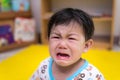 Upset little child is crying. On a cloudy day. Asian baby are sad. Unhappy boy aged 1-2 years old Royalty Free Stock Photo
