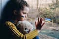 Upset little girl child sitting on windowsill holding fluffy bear, no war wanted, kid wishing peaceful life. Sadness longing hope