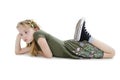 Upset little girl lying on the floor. Kids problems. Royalty Free Stock Photo