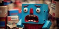 Upset Little robot in a warehouse with boxes .