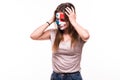 Upset loser fan support of Panama national team with painted face isolated on white background