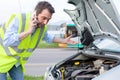 Upset man calling assistance car mechanic service Royalty Free Stock Photo