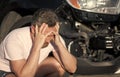 upset man driver at broken car after automobile collision car accident, car crash Royalty Free Stock Photo