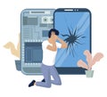 Upset man because of his mobile phone cracked screen, vector illustration. Broken smartphone glass, damaged display.