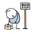 Upset man missed the bus and is waiting at the bus stop. Vector illustration of student under sign overslept school