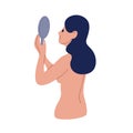 Upset naked woman looking at mirror dissatisfaction their appearance vector flat illustration. Cartoon female with low