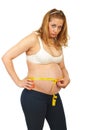 Upset pregnant woman measure her belly